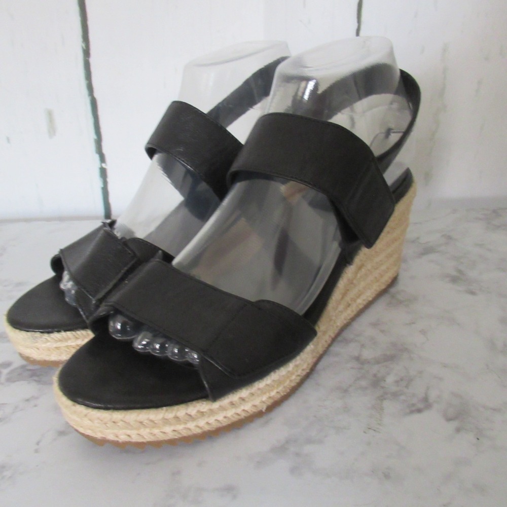 Eileen Fisher Sandals 8.5 Black‎ Leather Wedge Espadrille Adjustable Ankle Strap